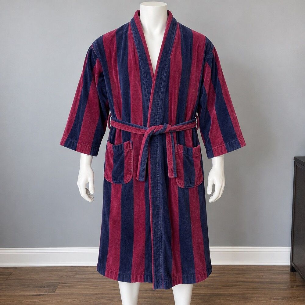 Vintage T.J. Lawford Turkish Towel Robe One Size Cotton Striped Burgundy Navy
